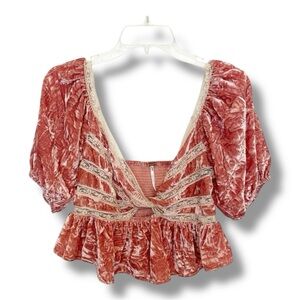 Free People Crushed Velvet Mauve Lace Trim Puff Sleeve Crop Top Size Small NWT